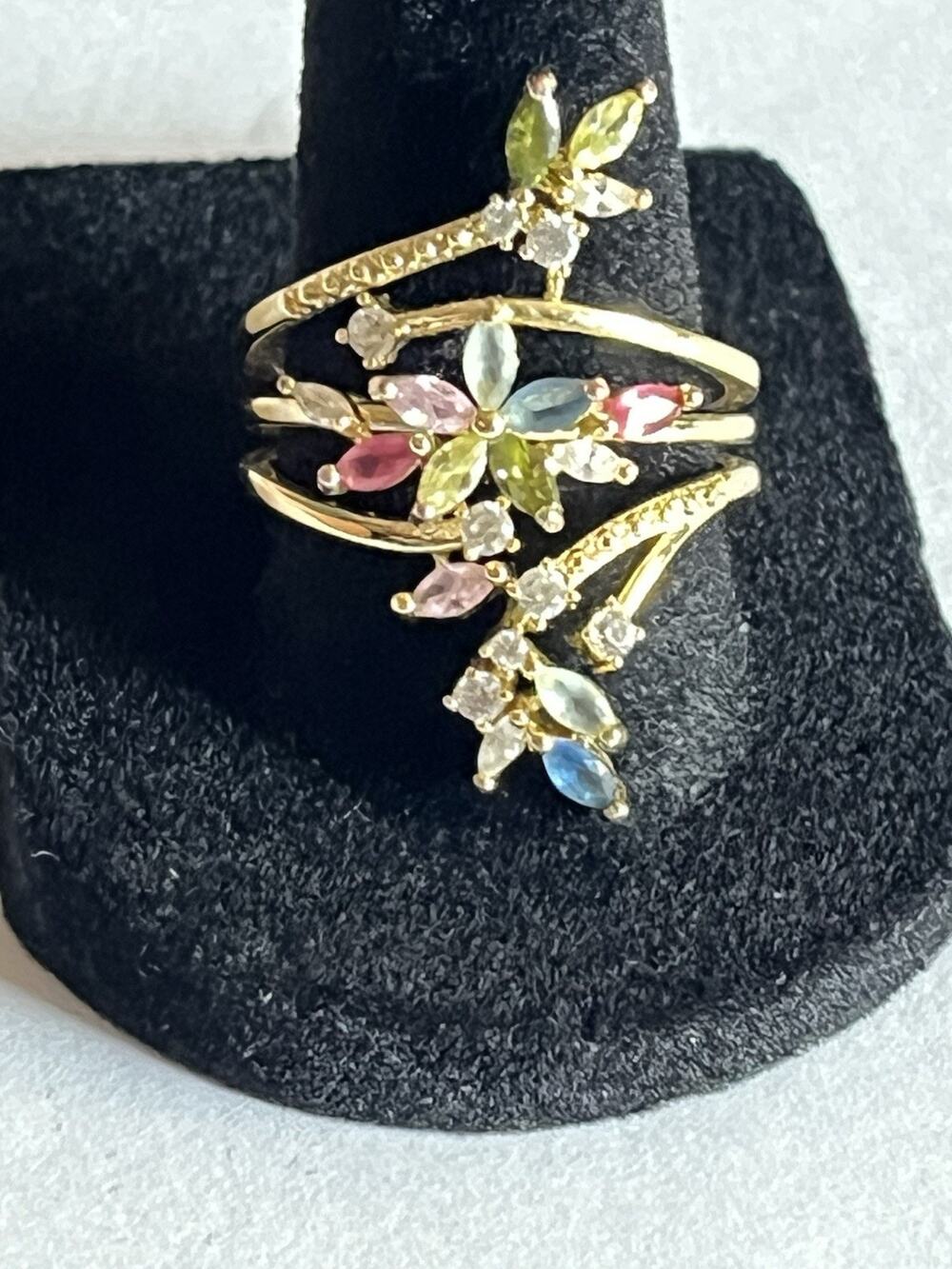 Multicolor Floral Cluster Ring Yellow Gold Tone Wrap Statement Ring Size 9 NEW